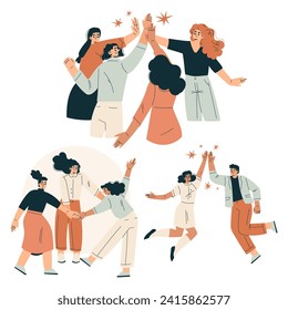 People Character Giving High Five Informal Gesture Vector Set