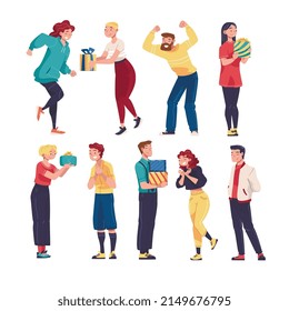 People Character Giving and Receiving Gift Box Engaged in Holiday Congratulation Vector Illustration Set