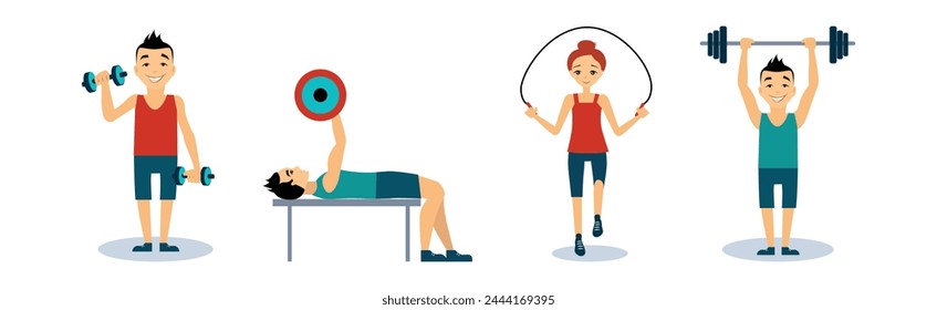 People Character in Gym Engaged in Physical Exercising Vector Set