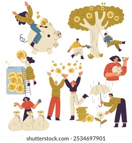 People Character Have Capital with Money Golden Coin Vector Set