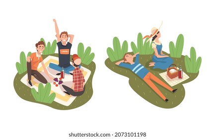 People Character Having Picnic in the Park Sitting on Green Lawn and Blanket Talking Vector Set