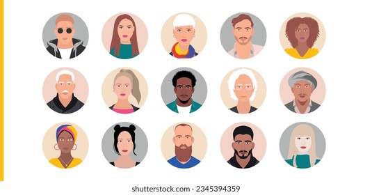 people character head and shoulders icon symbol set human  ethnic age and cultural diversity concept. modern vector graphic illustration in round circle shape