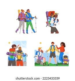 People Character Hiking in the Mountains with Pole and Backpack Vector Set