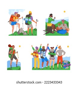 People Character Hiking in the Mountains with Pole and Backpack Vector Set