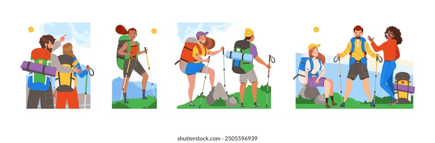 People Character Hiking in the Mountains with Pole and Backpack Vector Set