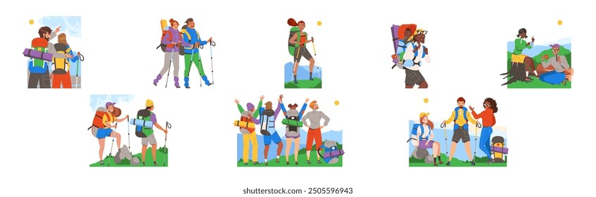 People Character Hiking in the Mountains with Pole and Backpack Vector Set