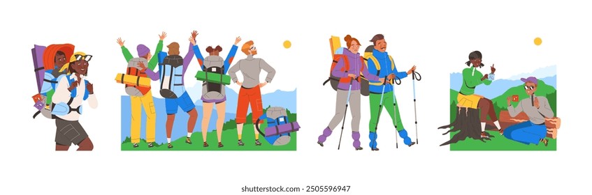 People Character Hiking in the Mountains with Pole and Backpack Vector Set