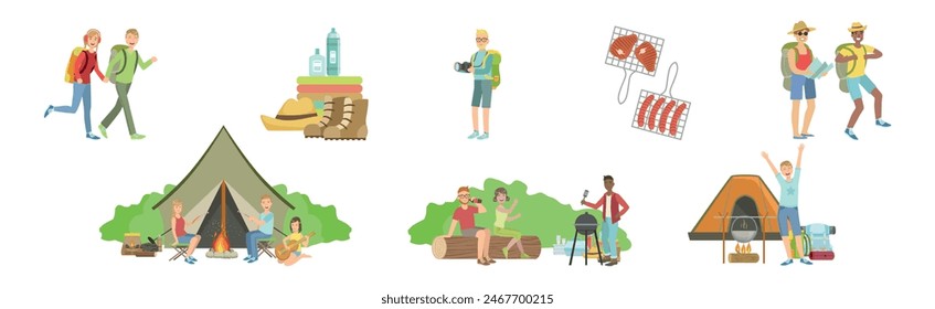 People Character Hiking and Trekking Have Outdoor Adventure Vector Set