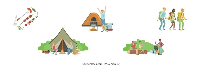 People Character Hiking and Trekking Have Outdoor Adventure Vector Set