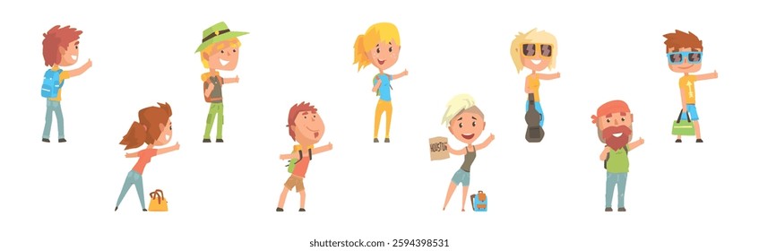 People Character Hitchhiking Standing with Backpack Catch Car Vector Set