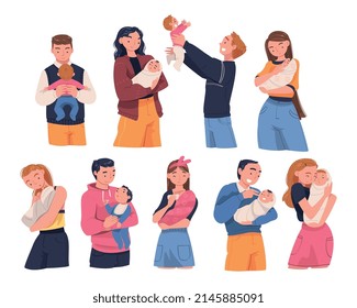 People Character Holding Baby with Arms Nursing Him Vector Illustration Set