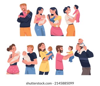 People Character Holding Baby with Arms Nursing Him Vector Illustration Set