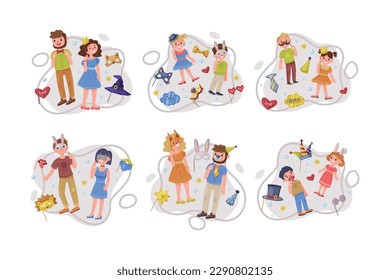 People Character Holding Mask on Pole as Party Birthday Photo Booth Prop Vector Composition Set