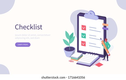 People Character Holding Pencil and Putting Check Mark on Checklist in Survey Form. Notebook and Memory Stickers. Business Organization and Planning Concept. Flat Isometric Vector Illustration.