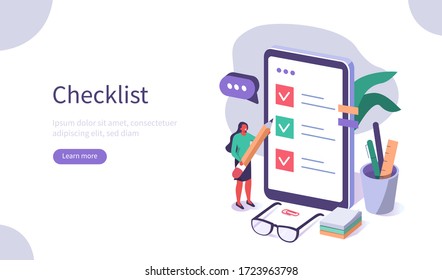 People Character Holding Pencil and Putting Check Mark on Checklist on Smartphone. Survey From Filling. Business Organization and Planning Concept. Flat Isometric Vector Illustration.