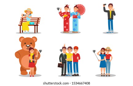 People Character Holding Selfie Stick Taking Photo In Places Vector Illustrations.