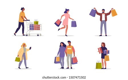 People Character holding Shopping Bags with Purchases. Woman and Man Customers Buying on Seasonal Sale in Store, Fashion Mall. Buyers Characters Collection. Flat Cartoon Vector Illustration.
