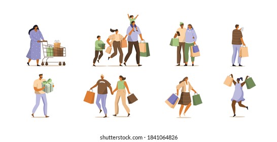 Personajes portando bolsas de compras con compras. Clientes de mujeres y hombres comprando en venta estacional en tienda, centro comercial de moda. Colección de caracteres de los compradores. Ilustración de vectores de dibujos planos.