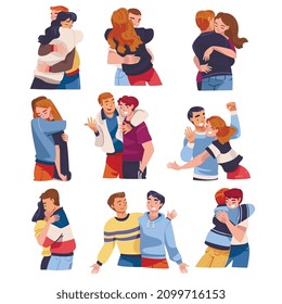 People Character Hugging and Embracing Each Other Expressing Friendly Feeling Vector Set