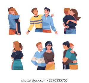 People Character Hugging and Embracing Each Other Expressing Friendly Feeling Vector Set