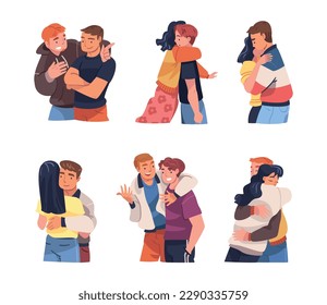 People Character Hugging and Embracing Each Other Expressing Friendly Feeling Vector Set