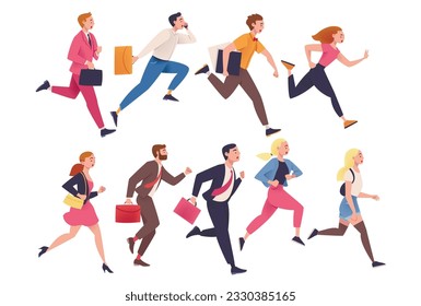 People Character Hurrying Running Fast Feeling Panic of Being Late Vector Illustration Set