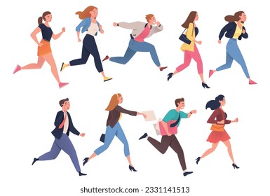 People Character Hurrying Running Fast Feeling Panic of Being Late Vector Illustration Set