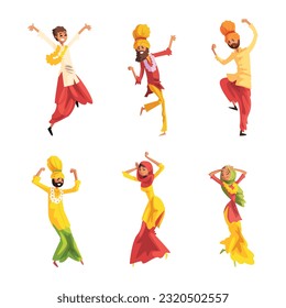 People Character Indian Dancers in Traditional Turban and Sari Dress Vector Set