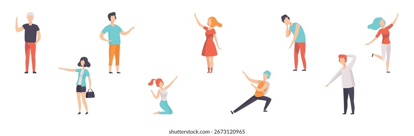 People Character Indicating Something Pointing with Index Finger as Hand Gesture Specifying Direction Vector Set
