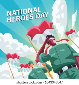 People Character Indonesian Man With Flag and Cloud Background, For Your Social Media, Poster, greeting Card Vector illustration