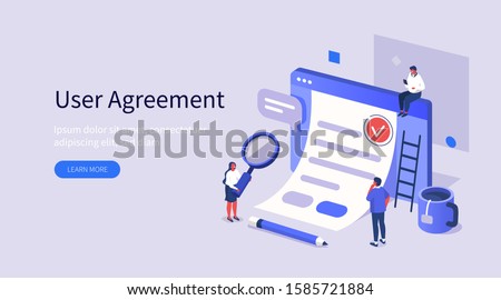 People Character Inspecting Contract Document, Reading Privacy Policy and Terms and Conditions. Businessman Signing Contract. User Agreement Concept. Flat Isometric Vector Illustration. 