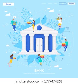 People character with items around bank concept background. Grain texture and noise effect. Bank concept flyer, web banner, ui header, enter site. 