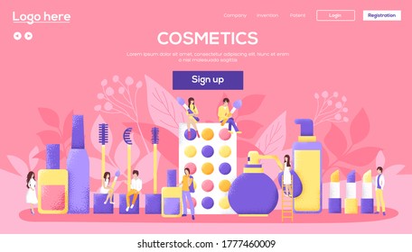 People character with items around cosmetic preparations. Grain texture and noise effect. Cosmetics flyer, magazines, poster, book cover, banners. invitation cards concept background. 