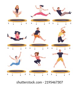 People Character Jumping and Bouncing on Trampoline Engaged in Recreational Activity Vector Set