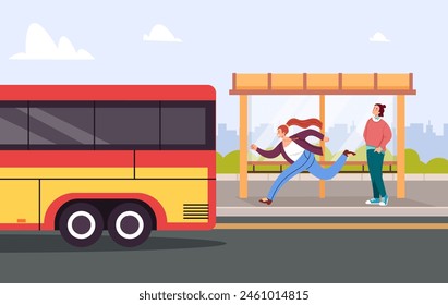 People character late and running bus concept. Vector cartoon graphic design element illustration