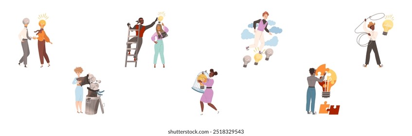 People Character with Light Bulb Having Idea Vector Illustration Set