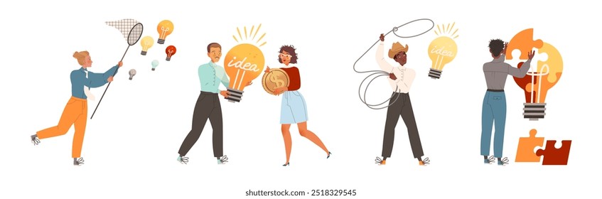 Personas Personaje con bombilla que tiene Idea Ilustración vectorial Set