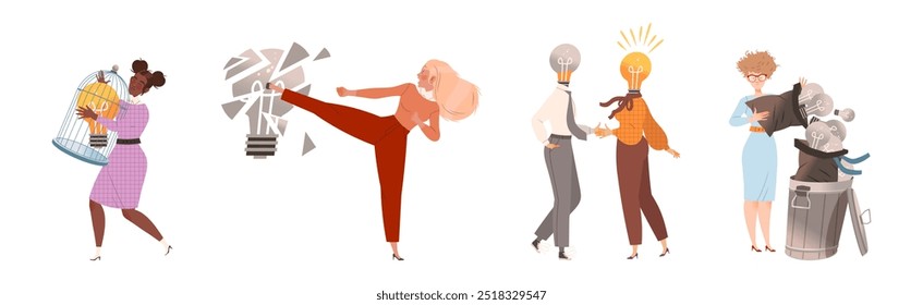 People Character with Light Bulb Having Idea Vector Illustration Set