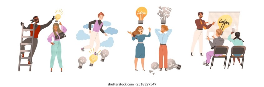 People Character with Light Bulb Having Idea Vector Illustration Set