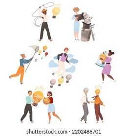 People Character and Light Bulbs Finding Smart Idea and Solution Vector Set