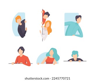 People Character Looking Out of Different Shaped Windows Vector Set