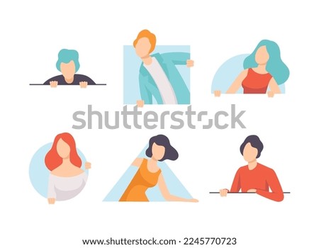 People Character Looking Out of Different Shaped Windows Vector Set