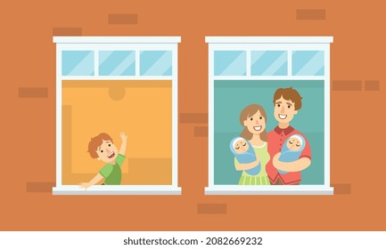 People Character Looking Out from Open Window Vector Illustration