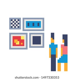 people character looking at pictures in gallery pixel art vector illustration. Design for web and mobile app. Сartoon flat style. Isolated vector illustration.