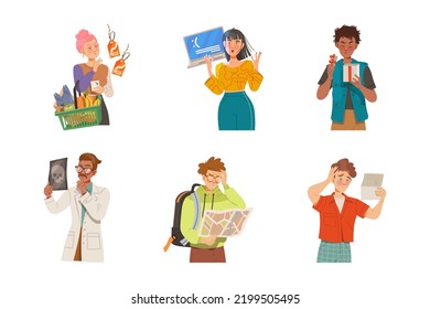 People Character Looking at Something with Different Face Expression and Emotion Vector Illustration Set