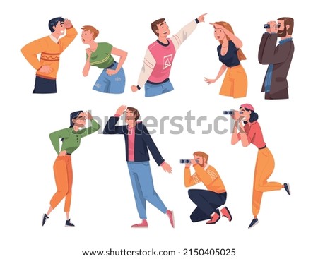 People Character Looking at Something Interesting Smiling and Pointing Finger Vector Set