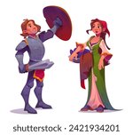 People character of medieval age - young peasant woman with clothes in pelvis and brave knight man in metal armor with shield and sword in hands. Cartoon vector illustration set of ancient person.