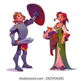 People character of medieval age - young peasant woman with clothes in pelvis and brave knight man in metal armor with shield and sword in hands. Cartoon vector illustration set of ancient person.