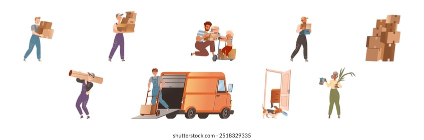People Character Moving New House Packing Cardboard Box Vector Set