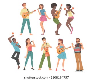 Musiker, der Musiker ist, der Musik spielt und spielt Musikinstrument Vector Set